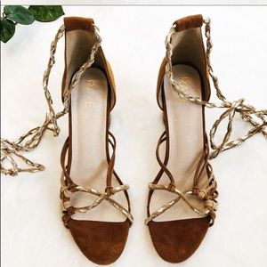 New RAYE Maddie Brown suede block heel wrap strap